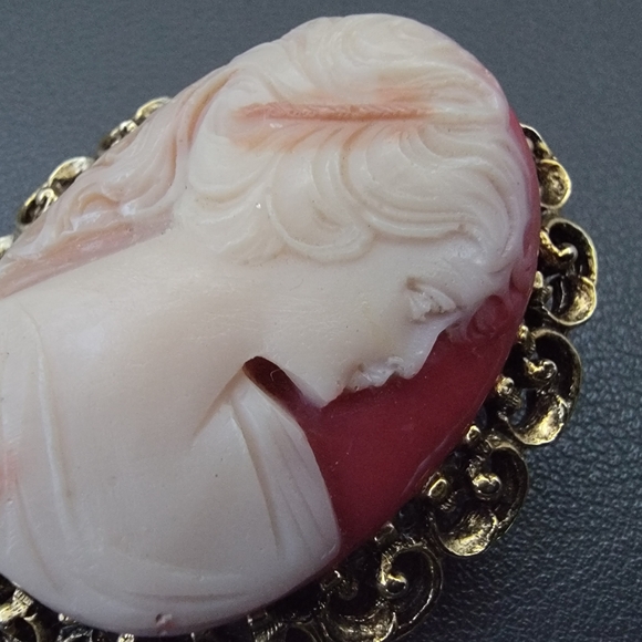 Vintage Shell Cameo BroochClassical Profile on Rose Ground Ornate Gold-Tone